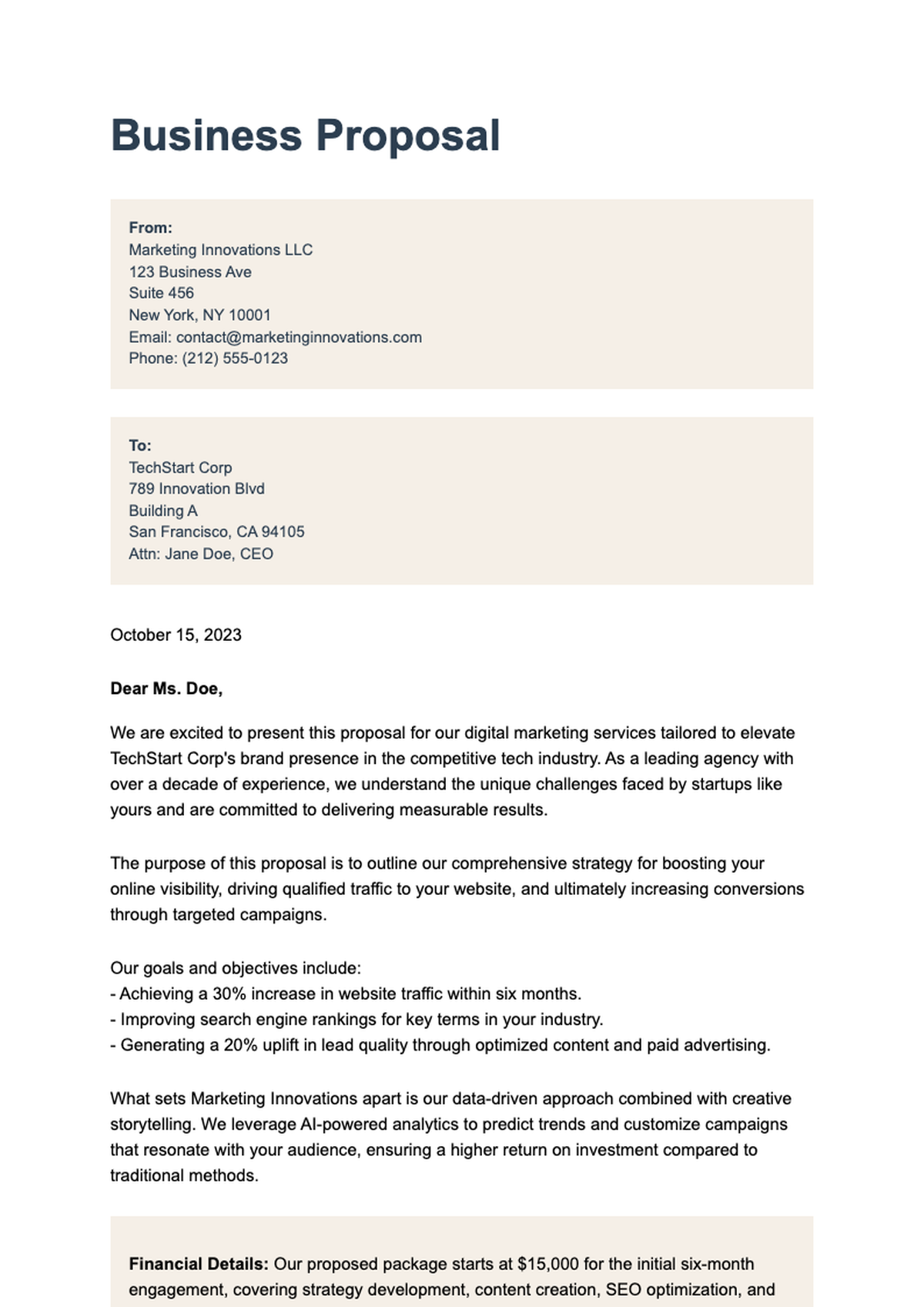 Professional proposal letter template with placeholder fields and structured sections_variant_3
